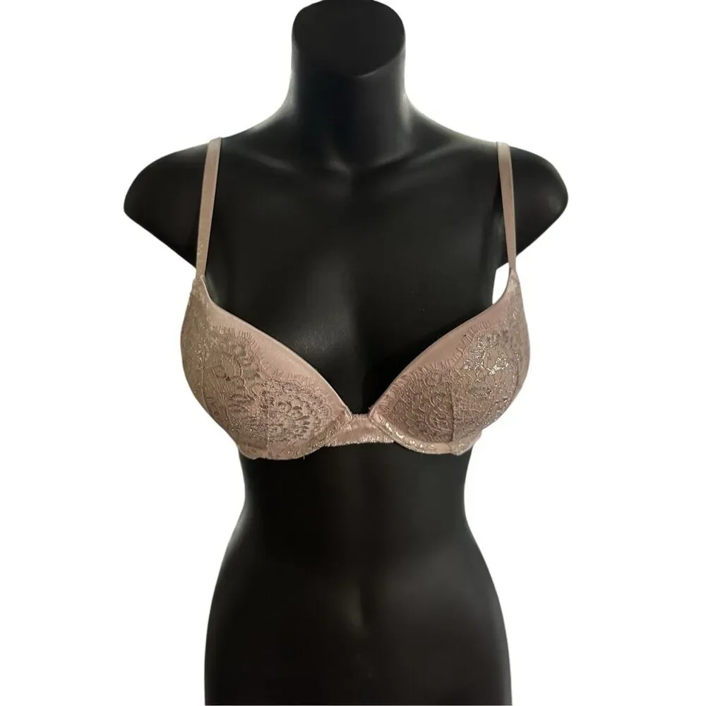 Victoria's Secret 34A Bombshell Bra Plunge Rare find! Tan with silver design bom